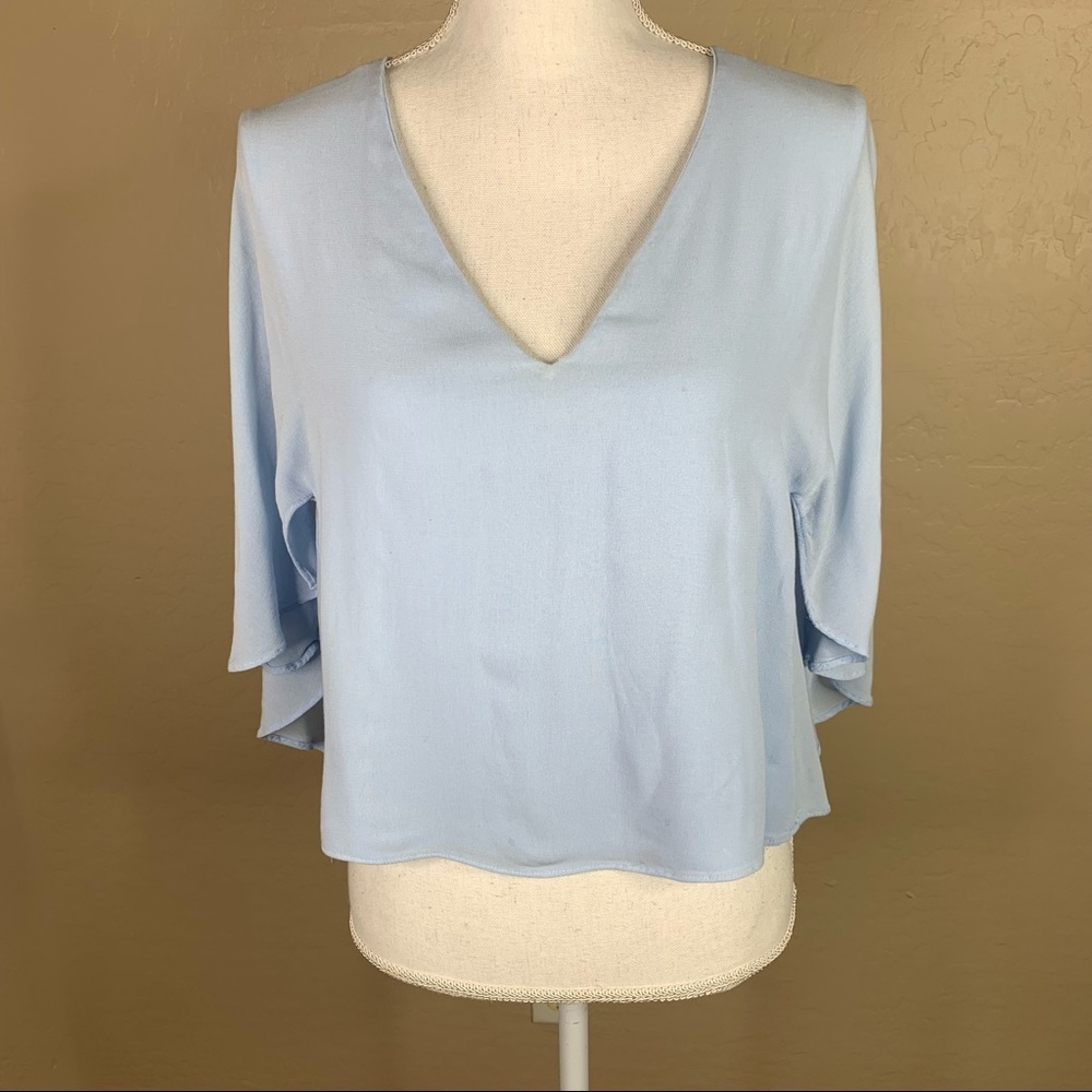 Zara Woman Light Blue Cape Blouse Flutter Sleeve Top